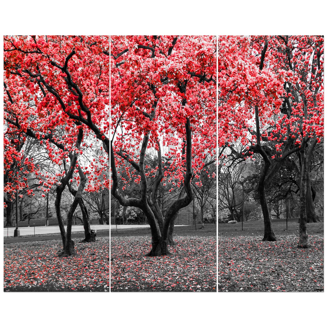 Designart - Red flower Trees Blossom - Floral Landscapes Photographic on Wrapped Canvas set